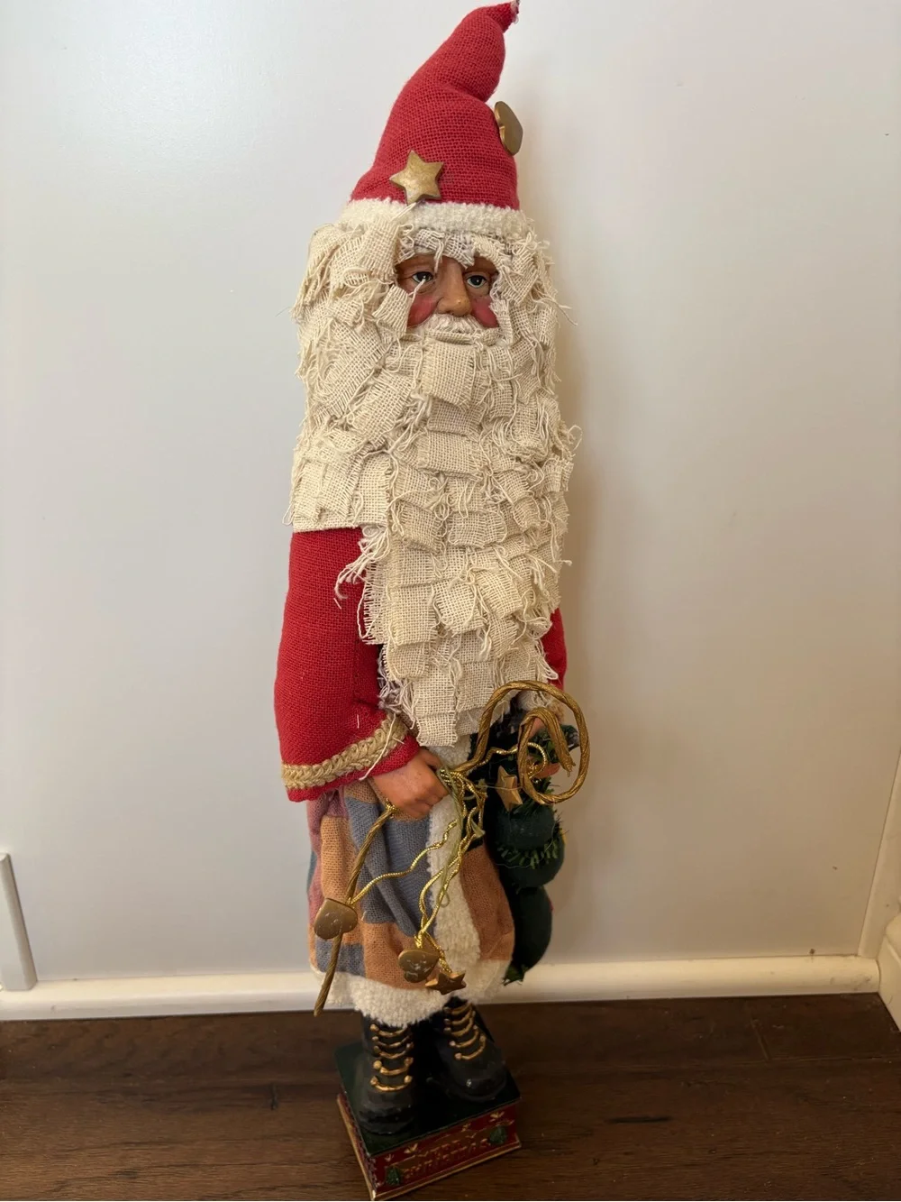 Vintage Folk Art Santa Claus Figurine Rustic Fabric Layered Beard Patchwork Coat